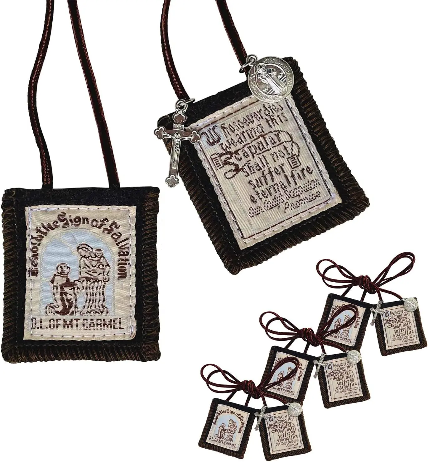 Scapulars Catholic, 3 Pack Bulk Brown Scapular Of Our Lady Of Mount Carmel, Escapularios Catolicos Scapular Catholic Necklaces Gift For Women Man With St Benedict Medal Crucifix Mexican Decoration