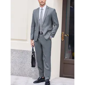 1 Set Men'S Lightweight Business Suit - 2pcs Polyester (55%) Viscose (45%) Solid Color Suit Jacket with Pockets and Trousers, Regular Fit, Notched Lapel, All Seasons