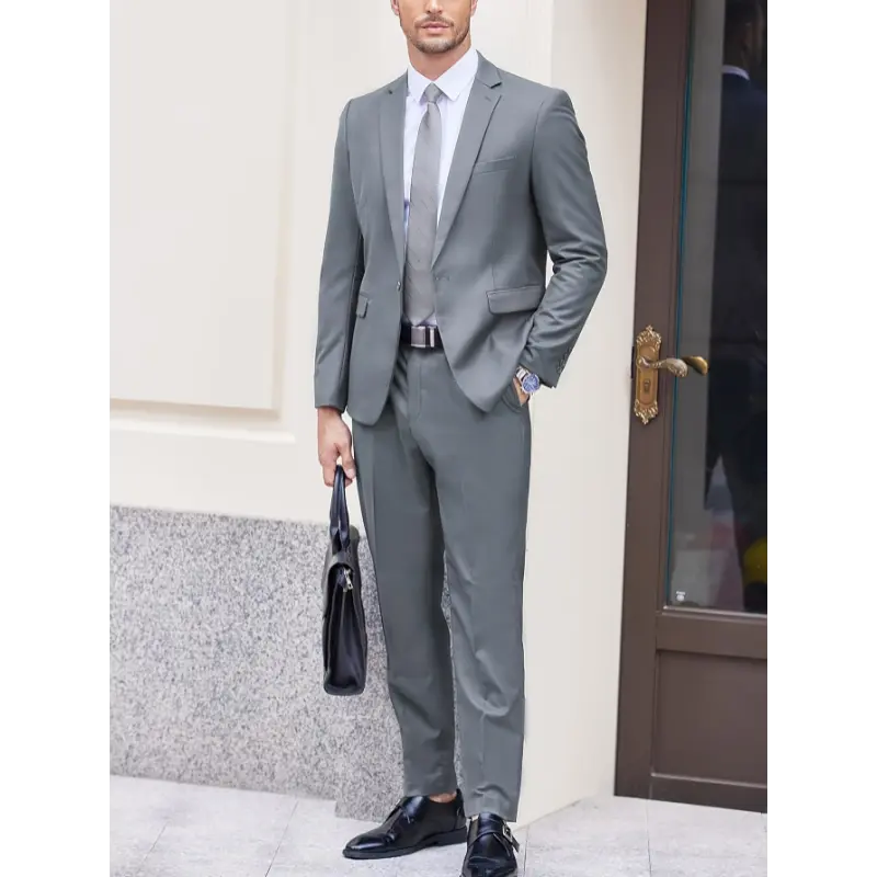 1 Set Men'S Lightweight Business Suit - 2pcs Polyester (55%) Viscose (45%) Solid Color Suit Jacket with Pockets and Trousers, Regular Fit, Notched Lapel, All Seasons