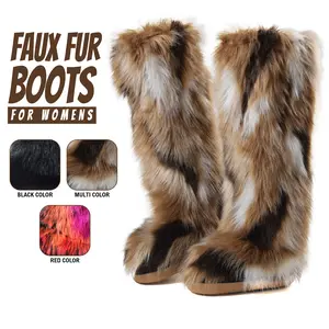 Womens Faux Fur Boots Knee High Boot Round Toe Flat Heel Easy Pull on Warm Cozy Full Plush Fur Party Outdoor Tall Long Winter Spring Summer Work Casual Dressy Snow Shoes