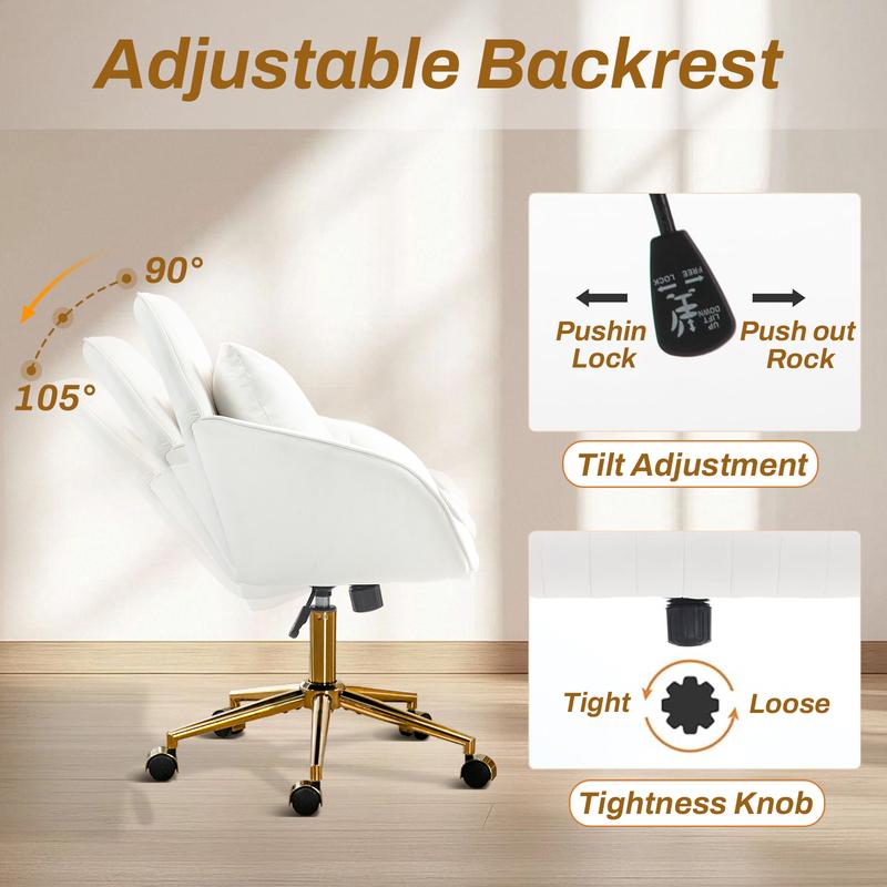 Home Office Desk Chair Comfy with Adjustable Swivel Wheels, Modern Velvet Makeup Vanity Chair with Back & Pillow, Ergonomic Office Chair Computer Task Chair for Living Room, Bedroom