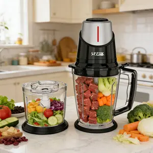 SPZTJK Food Processor, featuring an 8-cup glass bowl and an 8-cup stainless steel 2-speed food chopper, meat grinder, onion and vegetable processor, upgraded smart overheat protection—includes two sets of blades.