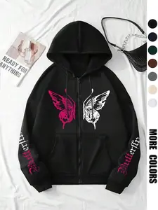 Women's Casual Hoodie with Zipper, Butterfly Letter Print Design, Long Sleeve, Loose-Fitting, Fall & Winter Warm Jacket