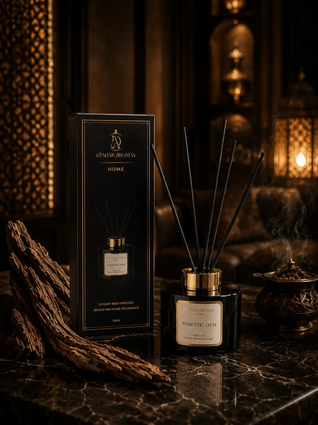 Majestic Oud-Woody Signature Scent Room Diffuser - Aroma-Scented Oil Diffuser in Infused Glass Bottle, Home Fragrance Supply for Guest Rooms & Reception Areas, Ideal Home Gift
