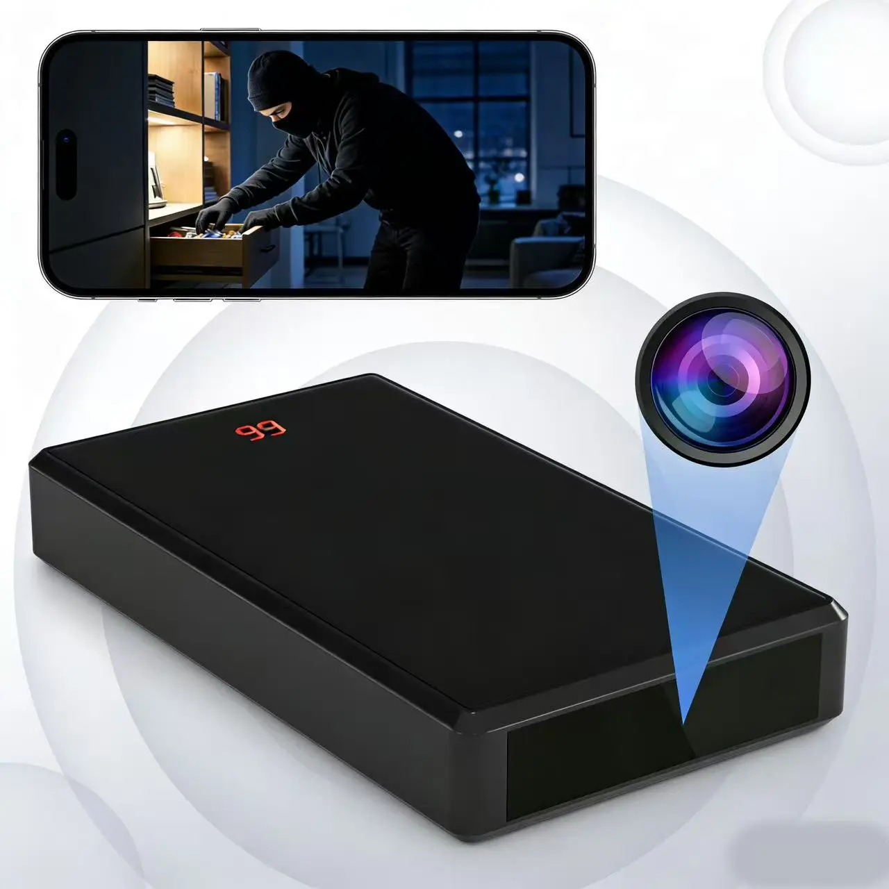 Hidden power bank camera, portable 10000 mAh power bank, featuring ultra-high-definition picture quality, wireless WiFi security monitoring function, camera with USB charging support, suitable for indoor and outdoor use, home security, silent shooting