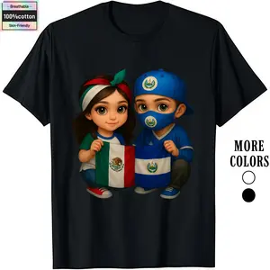 Fashion Designer T-Shirts - Cotton Graphic Tees with Kids Holding Mexico & El Salvador Flags Tee,Crewneck,Casual,Ideal for Everyday Wear, Tropical Men's Gifts