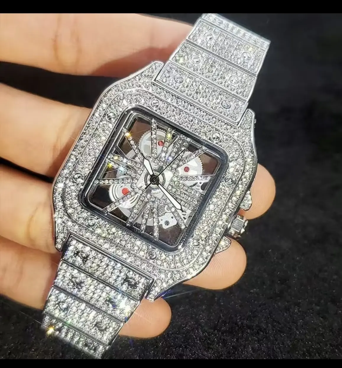 Unisex Elegant Fashion Mechanical Wrist Watch - 41mm Silver Hollow Dial, Diamond-Studded Square Bezel, Luminous Feature, Silver Diamond Bracelet for Accessorizing