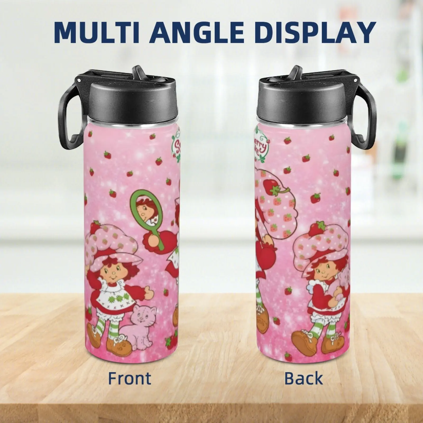 20oz Strawberry Shortcake Pattern Stainless Steel Insulated Flask - Vacuum Insulation, Durable, Portable, Leak-Proof Reusable Coffee Cup with Straw, Thoughtful Kitchenware Gift for Housewarmings, Birthdays
