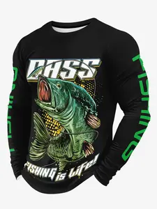 Bass Fishing Long Sleeve Shirt, Outdoor Angling Wear, Sport Outdoor Clothing, Casual Fitted Design, Spring & Fall Fashion, Figure Pattern, Outdoor Apparel