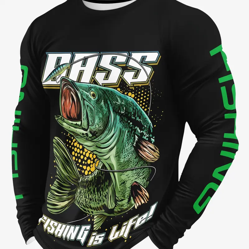 Bass Fishing Long Sleeve Shirt, Outdoor Angling Wear, Casual Fitted Design, Spring & Fall Fashion, Figure Pattern, Outdoor Fishing Clothing