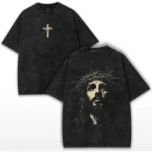 Jesus Crown of Thorns Washed Hoodie, Christian Apparel Streetwear, Oversized Menswear And Women Menswear Tops, Gym Pump Cover Washed T-shirt tiktok shop deals