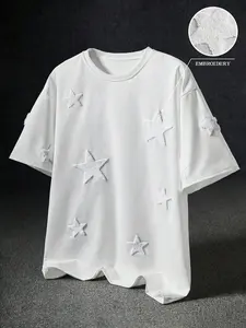Women's Star Embroidery Loose Fit T-Shirt Crewneck, Casual Short Sleeve Top, Fitted Long Clothing, Simple Design, Daily Wear, Layering Piece, Everyday, Streetwear