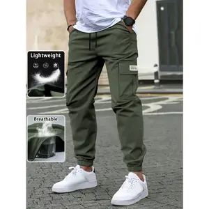 Men's Non-Stretch Cargo Jogger Pants, Lightweight Breathable Fabric, Drawstring Elastic Waist, Casual Work & Outdoor Trousers for Hiking, Camping & Daily Wear