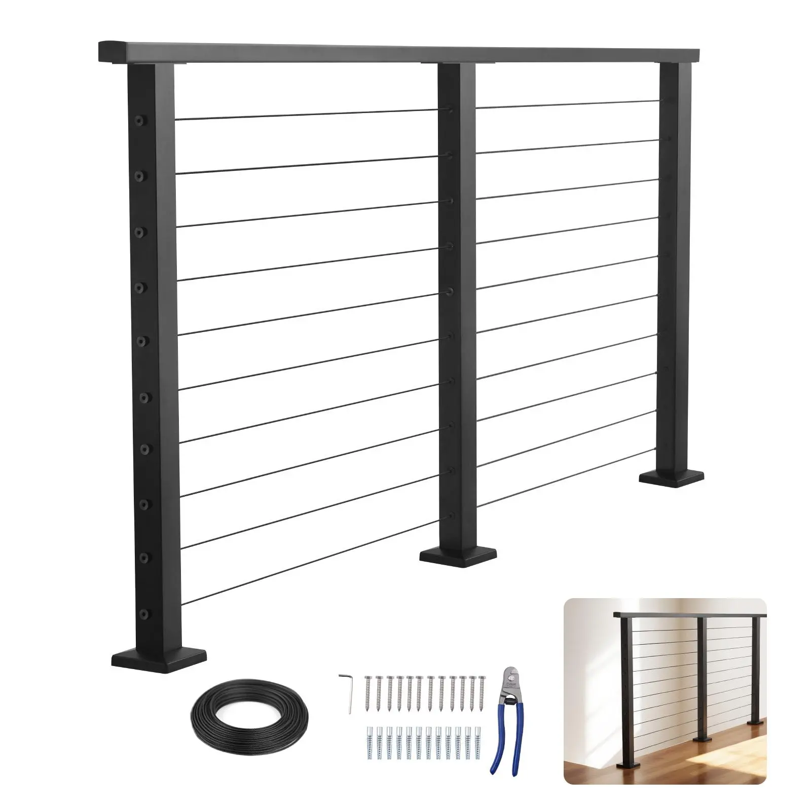 VEVOR 6.5 ft Home Outdoor Metal Security Rail Kit, 35" H 304 SS Cuttable Handrail, Square Tubes, Rust-Corrosion Resistant Level Hole-Drilled Posts, Weld-Free Scratch-Resist Design for Decks/Stairs