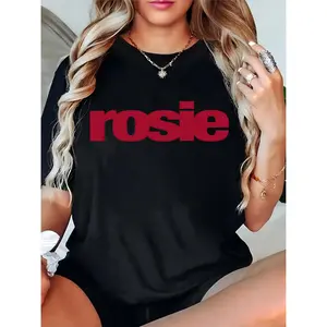 Women's Black Crew Neck T - Shirt with Red "rosie" Graphic, Casual Short Sleeve Tee for Daily Street Style, Fashion Top for Ladies & Girls 100% Cotton T-shirt