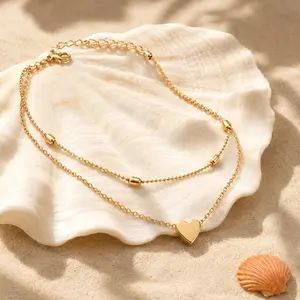 Women's Double Layered Heart Charm Anklet Beaded Ball Chain Alloy Foot Jewelry Minimalist Fashion Adjustable Beach Anklet for Daily Wear Summer Party Vacation Accessory