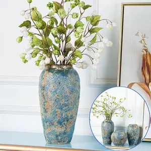 Rustic Ceramic Flower Vase, Tall 13.8in Large  Blue Vases,  Distressed Farmhouse Vase,  Pottery Clay Vases for Living Room Floor, Bedroom, Bookshelf, Dining Room,  Decor