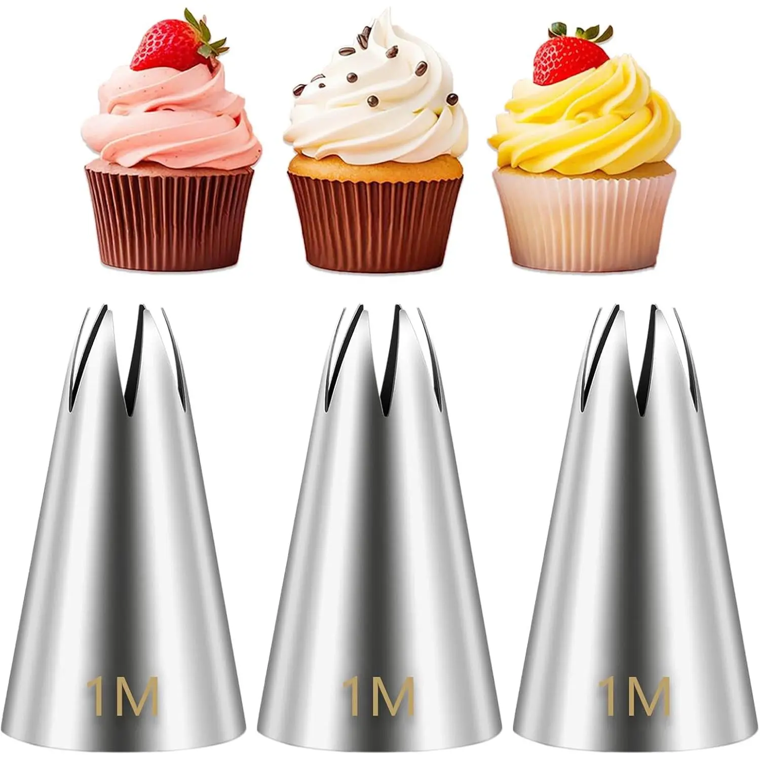1M Cake Decorating Tips, Stainless Steel Large Star Piping Tips Set, Open Star Frosting Tips for Cupcakes, Cookie and Cake Decorating, 3 Pieces