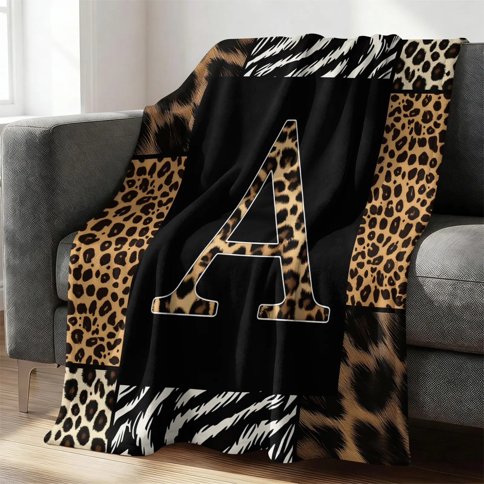 Personalized Leopard Initial A-Z Throw Blanket, Soft Flannel Blanket, Warm Cozy Monogram Print, Lightweight Gift Blanket for Couch, Bed, Travel, Unique Animal Decorative Blanket for Women Adults, Blanket Gifts