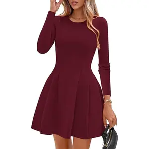 PrettyGarden Sleeve Mini Dress for Women Fall Crewneck Knit Pleated Babydoll A Line Soft Casual Short Party Dresses