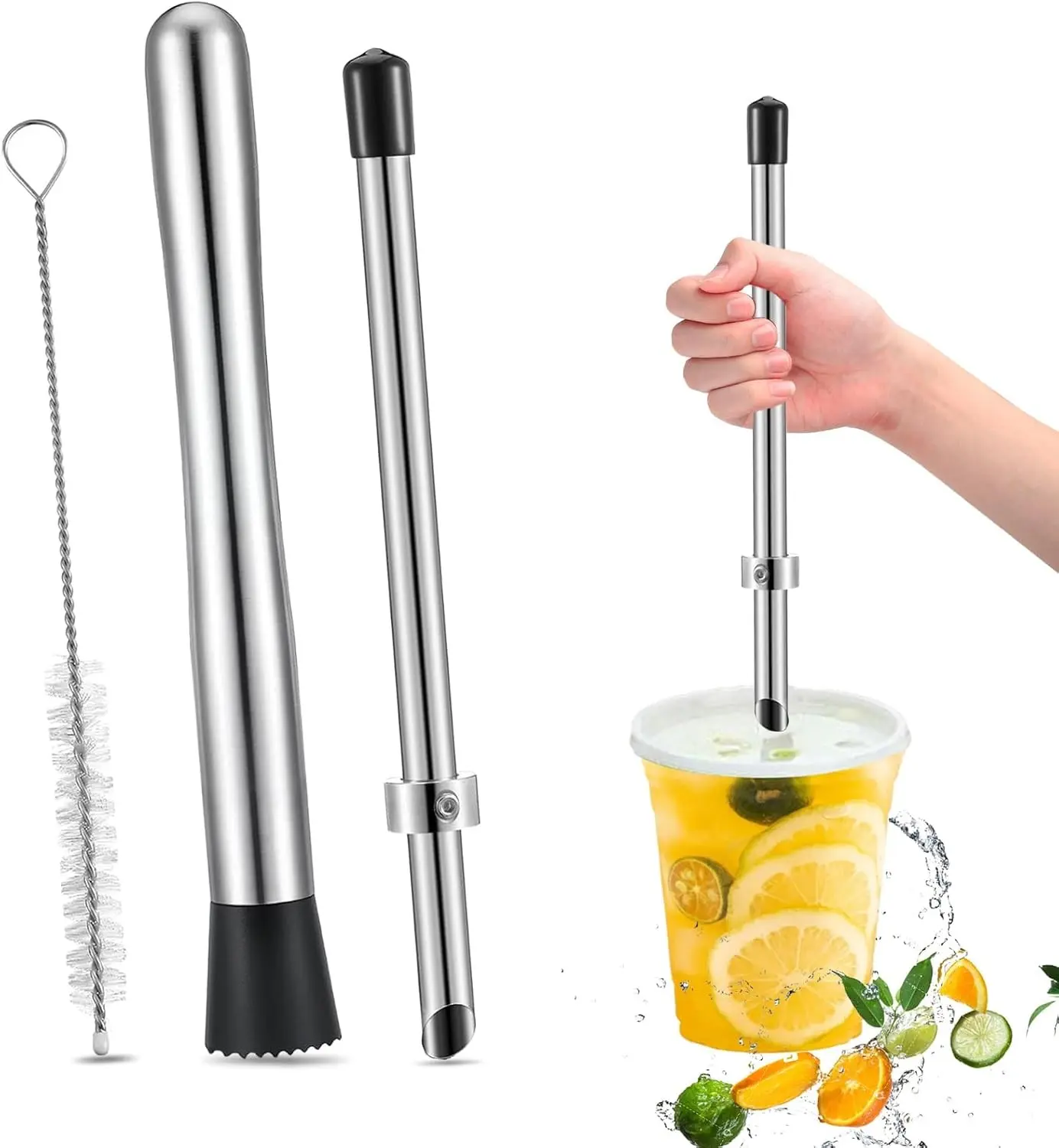 Lemon Smasher Puncher Brush Set Steel Cocktail Muddler Bar Drink Tool | Multifunction Steel Muddler Set Easy To Clean, Great For Homemade Drinks, Home Bar, Lemonade Stand And Family Beverage Making