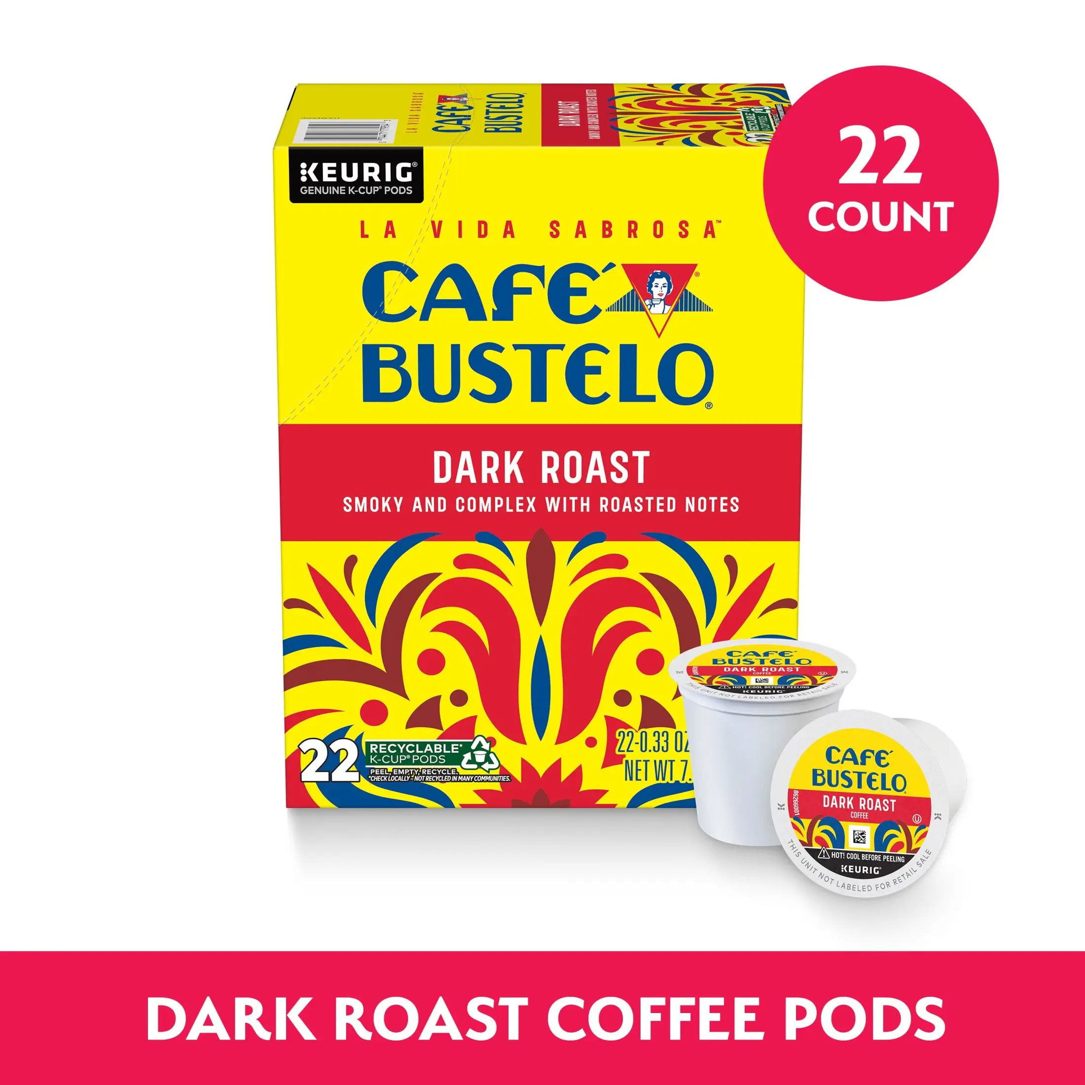 Cafe Bustelo Dark Roast Coffee Single-Serve Pods, 22 Count, Coffee Beverage for Milk Preparation