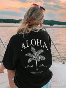 Women's Spring/Summer New Palm Tree Slogan Print Casual Round Neck Short Sleeve T-Shirt, Fashionable Resort Style, Your Daily Essential Item. Graphic Tee, Women's White Top, Black Top, Resort Outfit