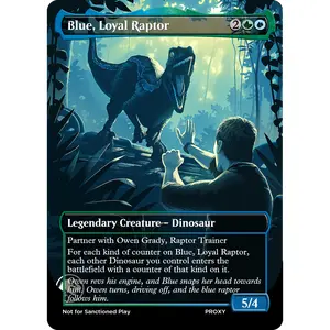 Blue Loyal Raptor Creature MTG PROXY Jurassic Park Custom Dinosaur Art 2.5x3.5 inches Whitecore 270 gsm Cardstock GhostDogProxies Backings