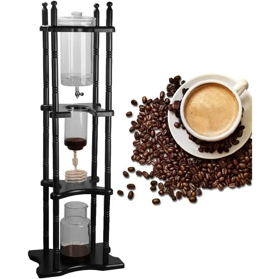 Ice Drip Coffee Maker, 84.54 oz Retro Household Cold Brew Coffee Makers with Vertical Japanese Style Glass Container and Wood Stand Drip Coffee Pot for Commercial Office (Brown)