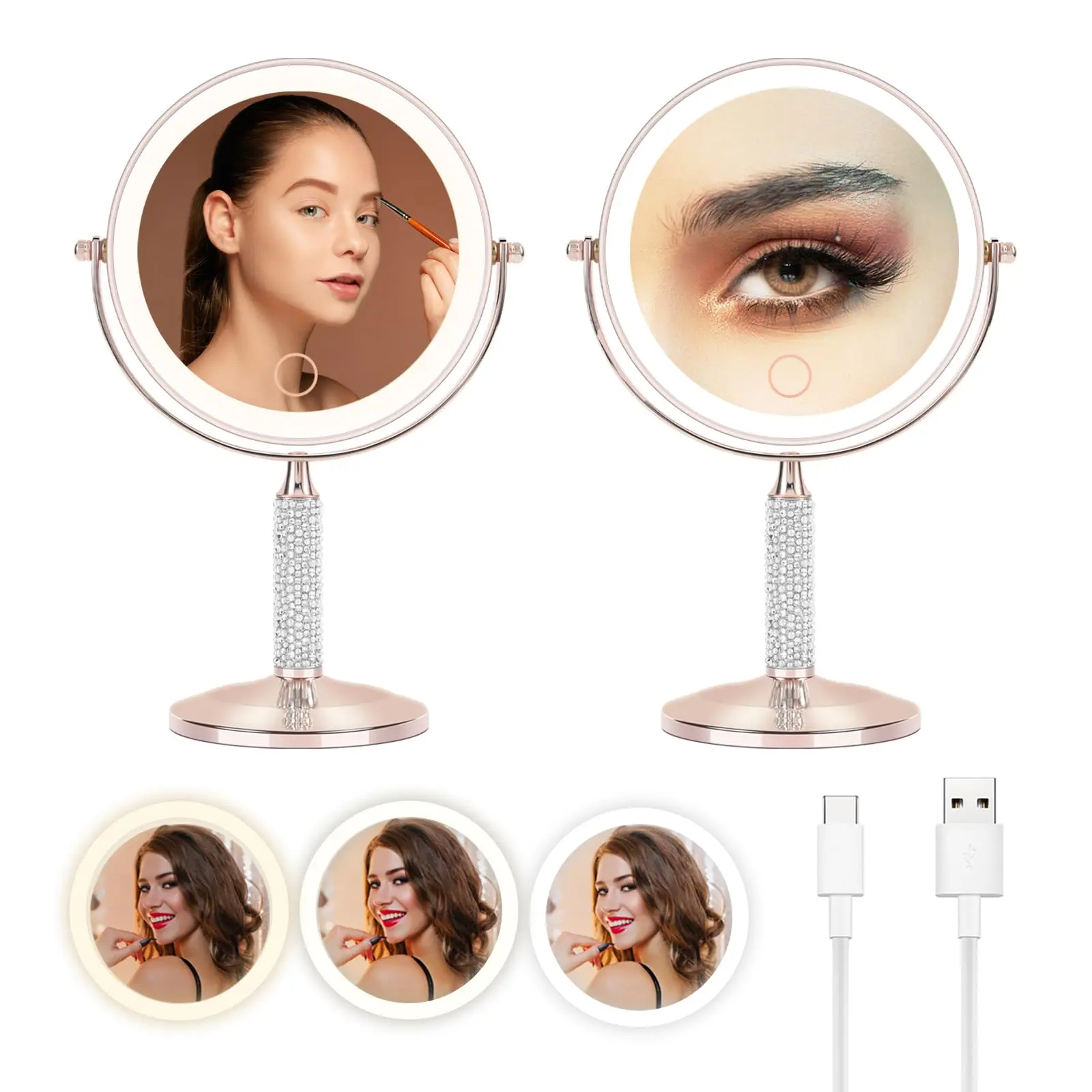 7" Rose Glitter Rhinestone Makeup Mirror 360°rotate Round Tabletop Vanity Double Sided 1x/10x Hd Undistorted Magnifying Portable Women Gift (rose Gold)