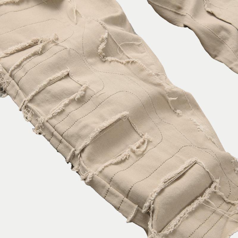 Men Stylish Vintage Khaki Stacked Spliced Slim Flared Jeans Pants Streetwear Hiphop Male Straight Biker Denim Trousers