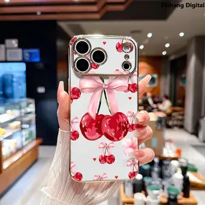 Cherry Bow Pattern Soft Case for iPhone 17 Pro Max Air 16 Plus 15 14 13 12 11 Elegance Luxury Golden Edge Electroplating TPU Phone Protection Cover Premium Slim Shockproof Lightweight Protective Cover