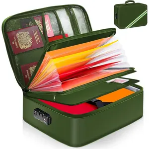 Important Document Organizer,  and Fireproof Document Box with 7 Pockets File Folder,Portable  Fire Safe Storage Box Case with Lock for Documents,File and Card,Green