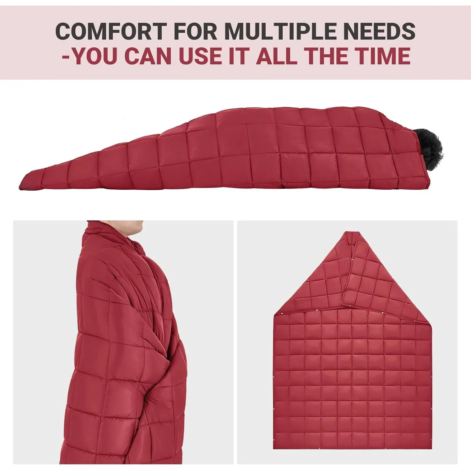 KingCamp Ultralight Camping Blanket - Portable, Thermal Ultra Light Blanket, Packable Down-Alternative Puffy Wearable Weatherproof Warm Quilt with Snap Buttons for Outdoor Hiking, Travel (69" x 53" Crimson), Portable Blankets, Thermal Portable Blankets