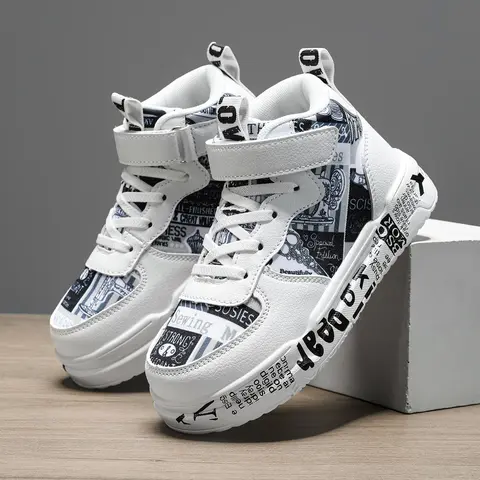 2026 New Kids High-Top Skate Shoes — Boys’ trendy letter-print casual shoes, girls’ Velcro non-slip athletic shoes, versatile student walking shoes for all seasons