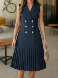 Women's Plain Sleeveless Vest Dress, Button Pleated Pocket Waist Cinching Design, Casual Daily Commute, Elegant Chic Fitted Knee Length, Casual Commuter Dress, Womenswear, Elegance, Lady