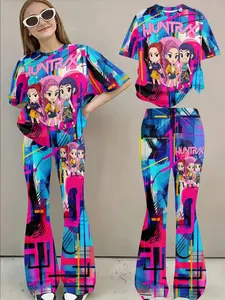 Girls' Short Sleeve Bell Bottoms Set, K/da Cyberpunk Full-Print Casual Two-Piece, Trendy Colorblock Design for All Seasons, Fashion