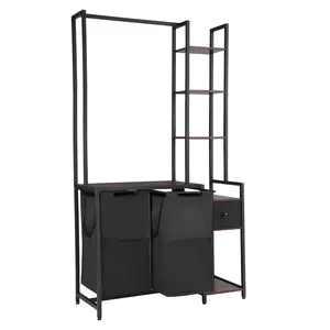 VEVOR 3 Tiers Laundry Sorter with Rack, Tall Laundry Hamper with Shelves and Drawers, 2 Section Freestanding Hanging Rack Storage with 600D Oxford Cloth Bags and Ladder Shelves for Dirty Clothes