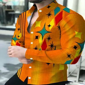 Men's Orange Geometric Star Shirt, Vintage Style Casual Long Sleeve Lapel Shirt