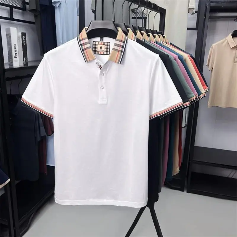 Men's Summer New Silk Cotton Breathable Fashion Top Casual Business Plaid Lapel Short Sleeve T-Shirt Lightweight Comfortable Daily Office Outfit Versatile Stylish Buttons Menswear Polo
