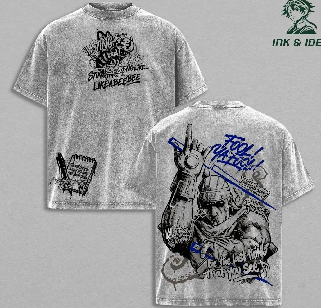 Killer Bee Washed Oversized Anime T-Shirt, Eight Tails Jinchuriki Graphic Tee, Hip Hop Ninja Streetwear Apparel LZX