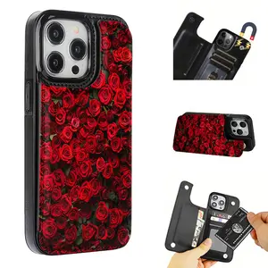 Romantic Full Screen Red Rose Pattern Leather Card Holder Phone Case, Suitable for iPhone 17 Air/16 Plus/15 Pro Max/14 Pro/13/12/11/XS Max/X Phone Case, Perfect Gift for Thanksgiving and Christmas for Family, Friends, Lovers, Boyfriend, Girlfriend