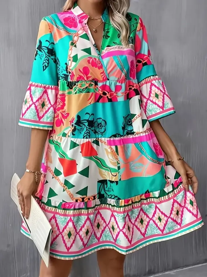 Bohemian Vibes Spring & Summer Dress - Elegant Women's Short Sleeve V-Neck Trapeze Dress, Perfect For Casual and Evening Outfits