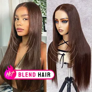 [-Blend Hair-]26inch YAWAWE Hair Colored #4 Chocolate Brown Blend Human Hair Layered 6x9 Wear go Glueless Wig Pre Plucked  Straight High Density Honey Blonde Wig with Drawstring Effortless Install Ear to Ear Bone Straight Lace Front Wig with Baby Hair