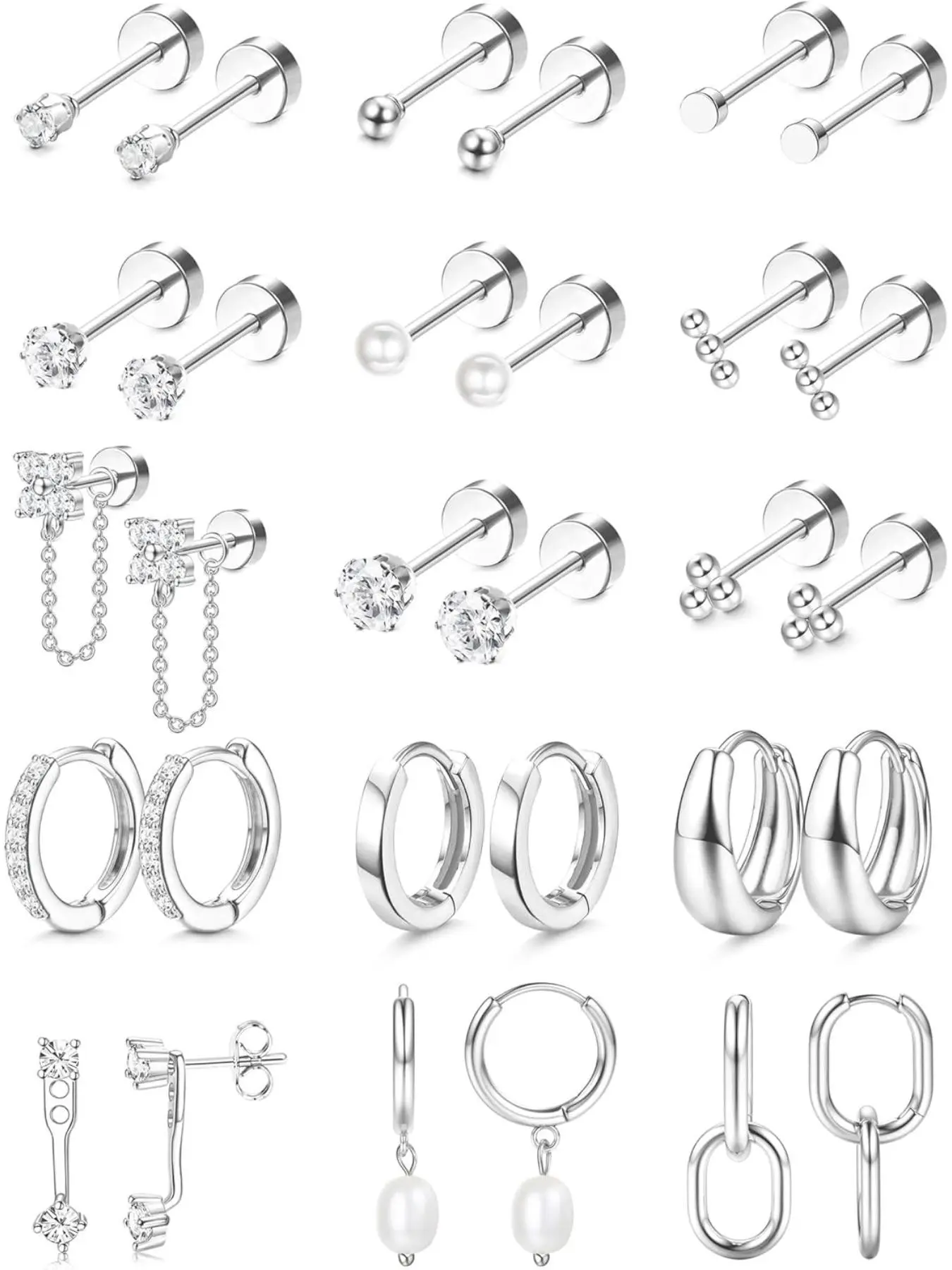 Flat Back Earrings for Women, Stackable Earrings, Hypoallergenic Surgical Steel Earrings for Sensitive Ears-20G Cartilage Earring Stacks 14K Gold Plated Hoops Flatback Stud Earring Sets for Multiple Piercing