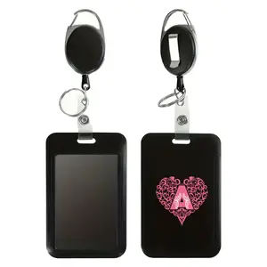 Plastic Id Card Holder with Retractable Buckle, Multifunctional Work Badge Storage Sleeve, Lanyard Included, 26 Letter Pattern Design