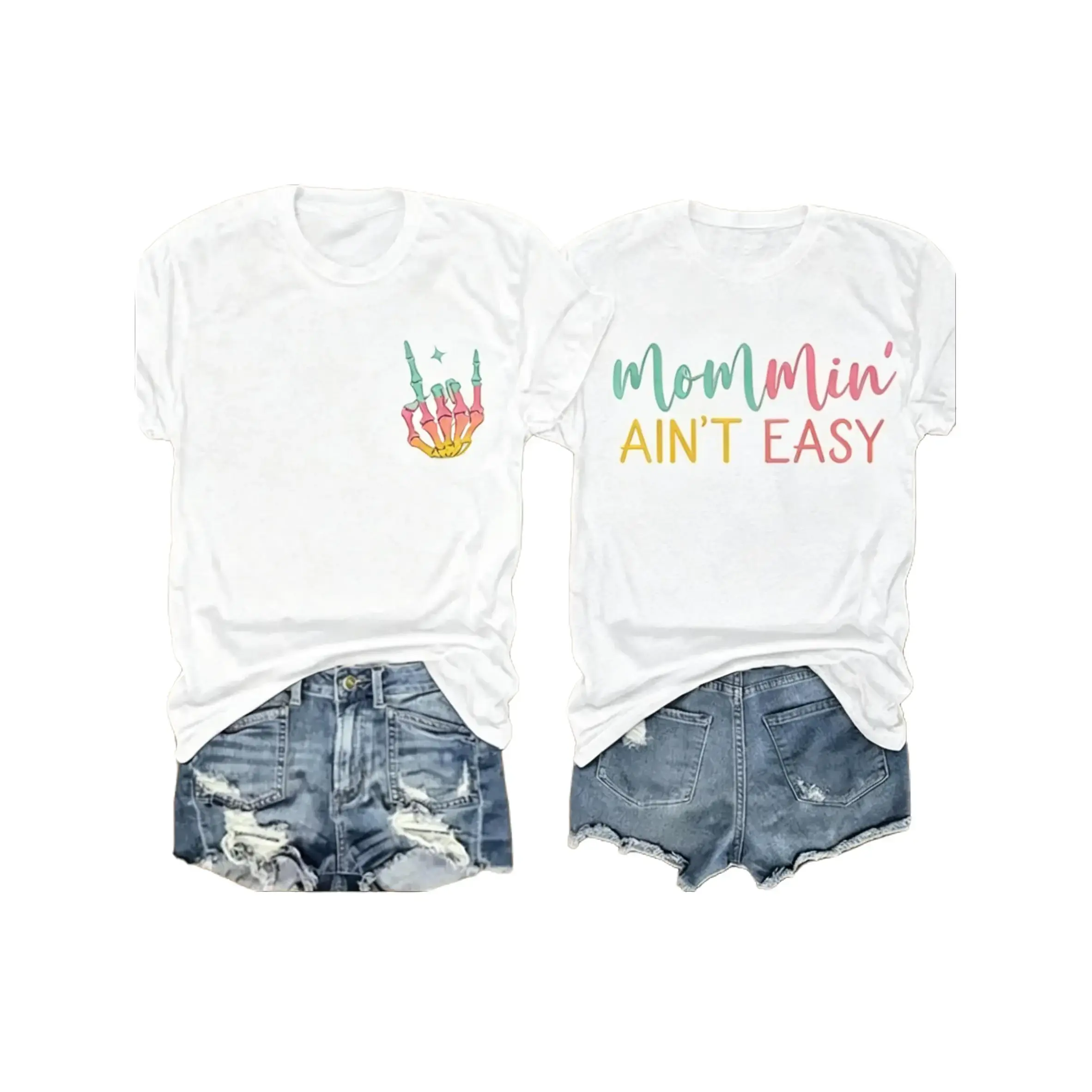 Small Chest Rainbow Rock On Skeleton Hand Back Mommin Ain’t Easy Pastel Script Graphic Tee For Women, Double Sided Funny Relatable Mom Life Casual Short Sleeve Shirt, Rock Mama Humorous Mother’s Day Daily Outfit