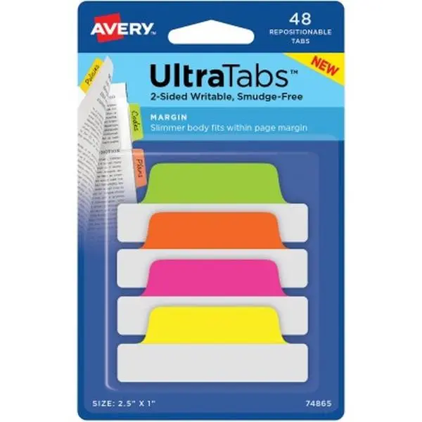 Avery AVE74865 Ultratabs Repositionable Margin Tabs - Neon Adhesive Peel-N-Stick Pre-Pasted Pressure-Sensitive Tape Flags for Office Stationery, Ideal for Indexing, Organizing, Referencing