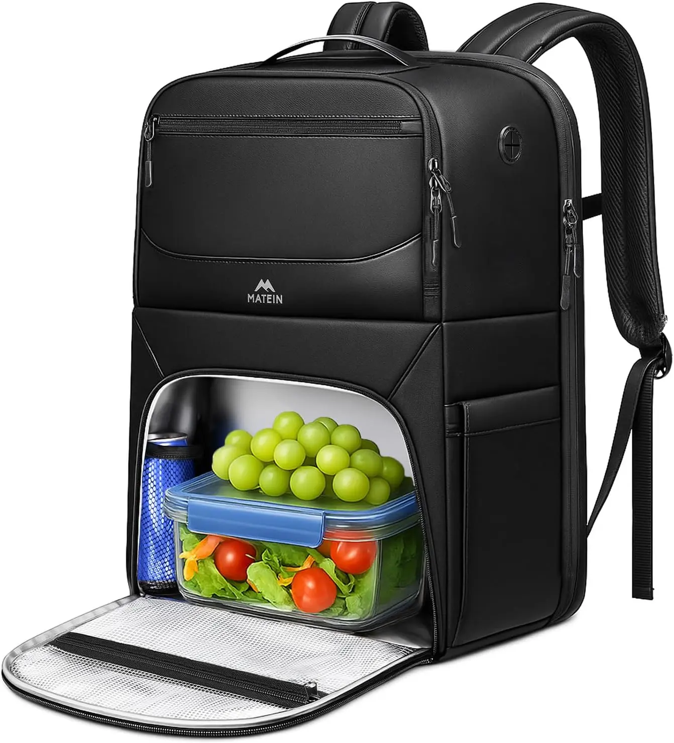 MATEIN Insulated Thermal Lunch Backpack for Men, PU-Coated Waterproof 17-Inch TSA-Friendly Laptop Bag with 6 Pcs Lunch Boxes, Chest Strap, Double Zips for Office Commute, Thermal Bag, Insulated Cooler, Fruit