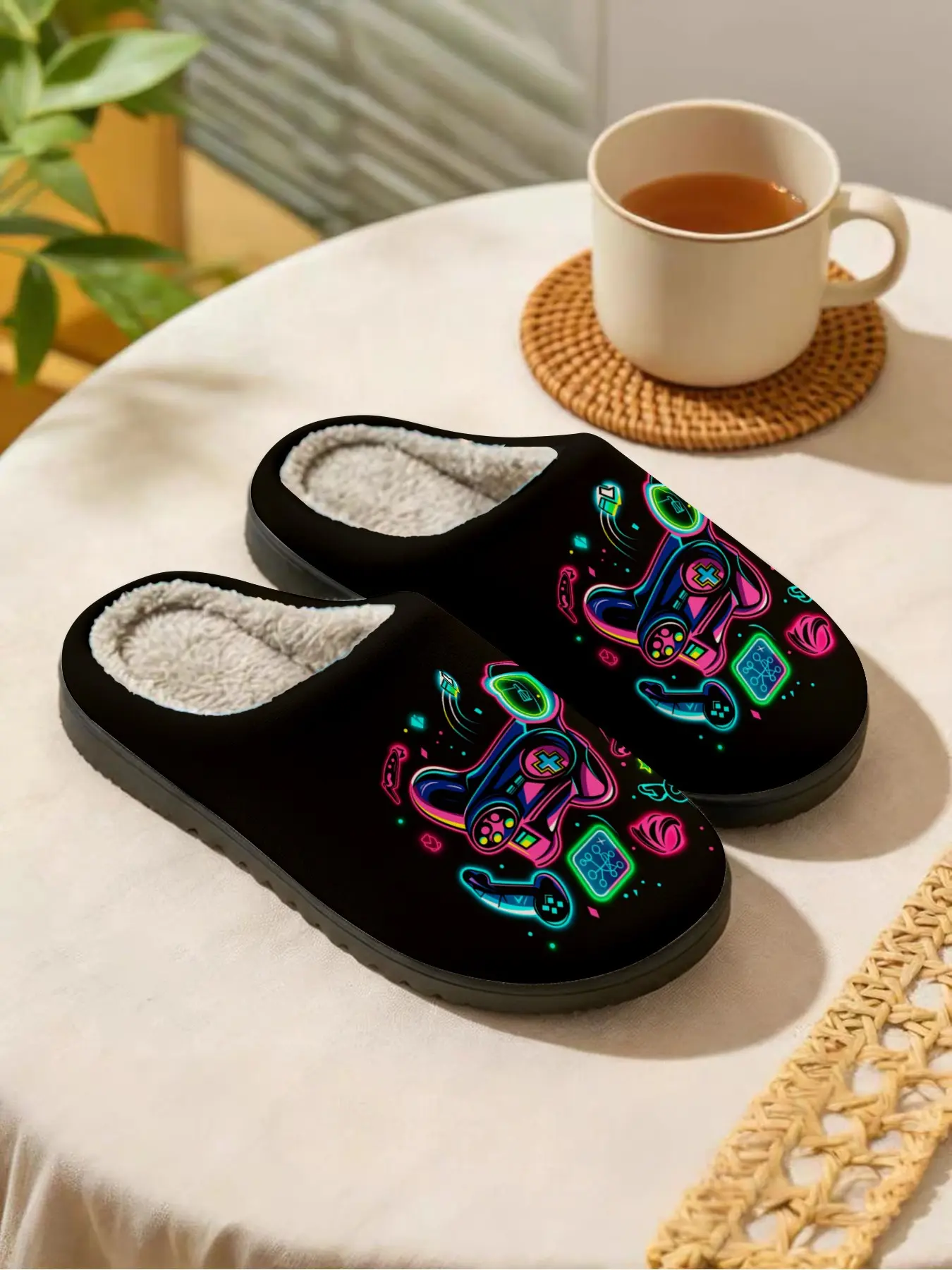 Neon Gaming Plush Slippers 1 Pair | Cool Gamer Graphic | Thick Sole Anti-Slip Warm | Unisex Indoor Home Winter